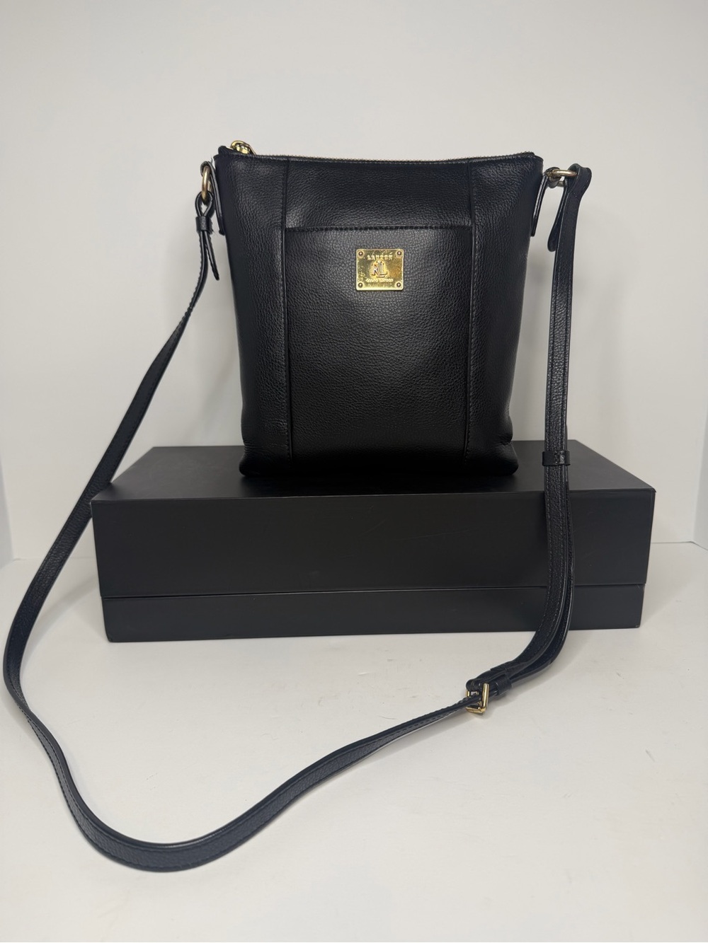 Lauren Ralph Lauren Black Pebbled Leather Crossbody with Gold Plaque